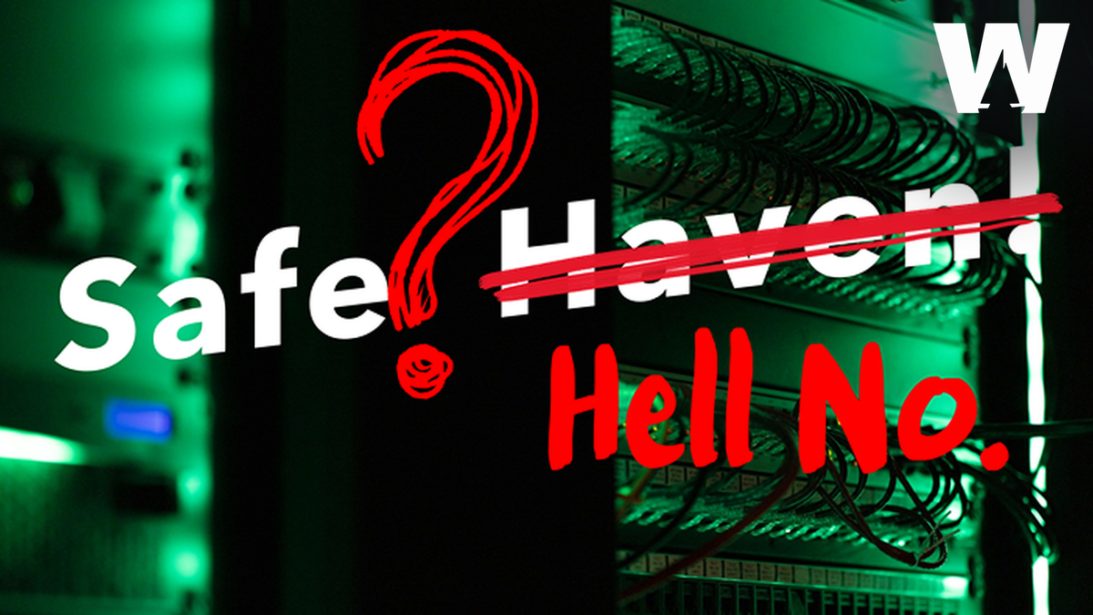 A server room with the words “Safe? Haven!” in white — “Haven” struck through in red hand-marker and “Hell No.” scrawled below, illustrating tech as a false safe haven.