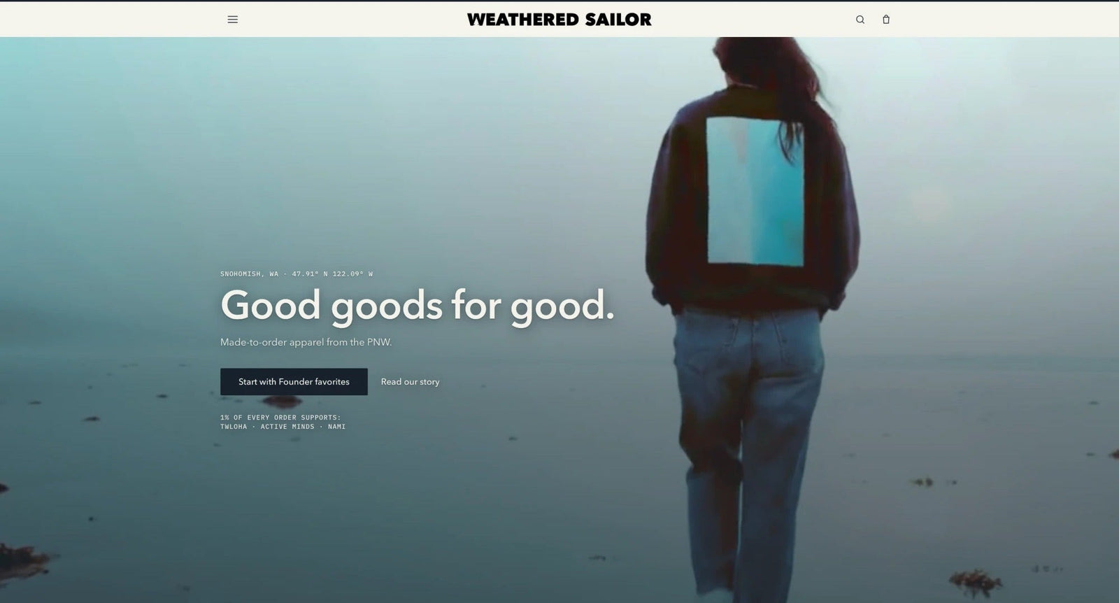Weathered Sailor homepage hero — a figure walking toward the water under the words Good goods for good.