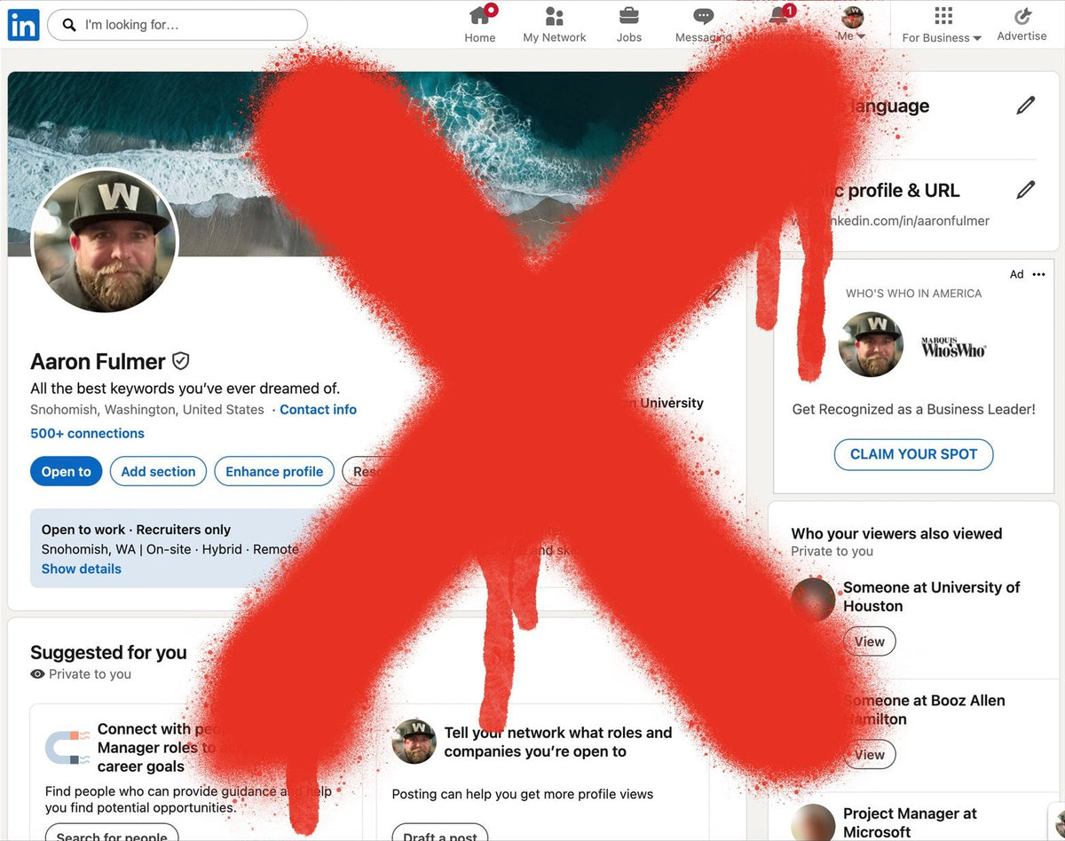 LinkedIn profile of Aaron Fulmer with a red spray-painted X over it