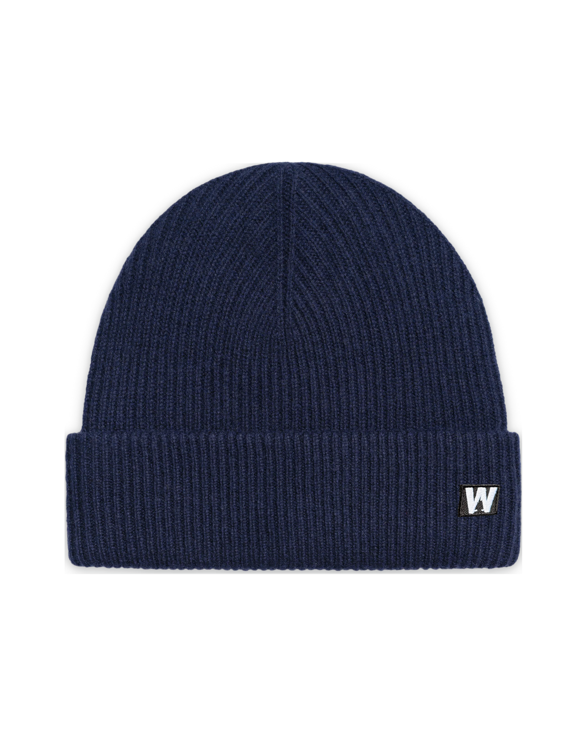 Reverse view of the navy ribbed beanie with a small white W mark on the cuff.