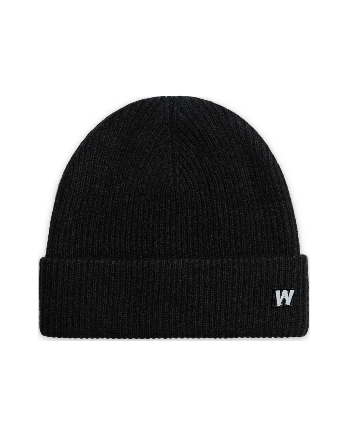 Reverse view of the black ribbed beanie with a small white W mark on the cuff.