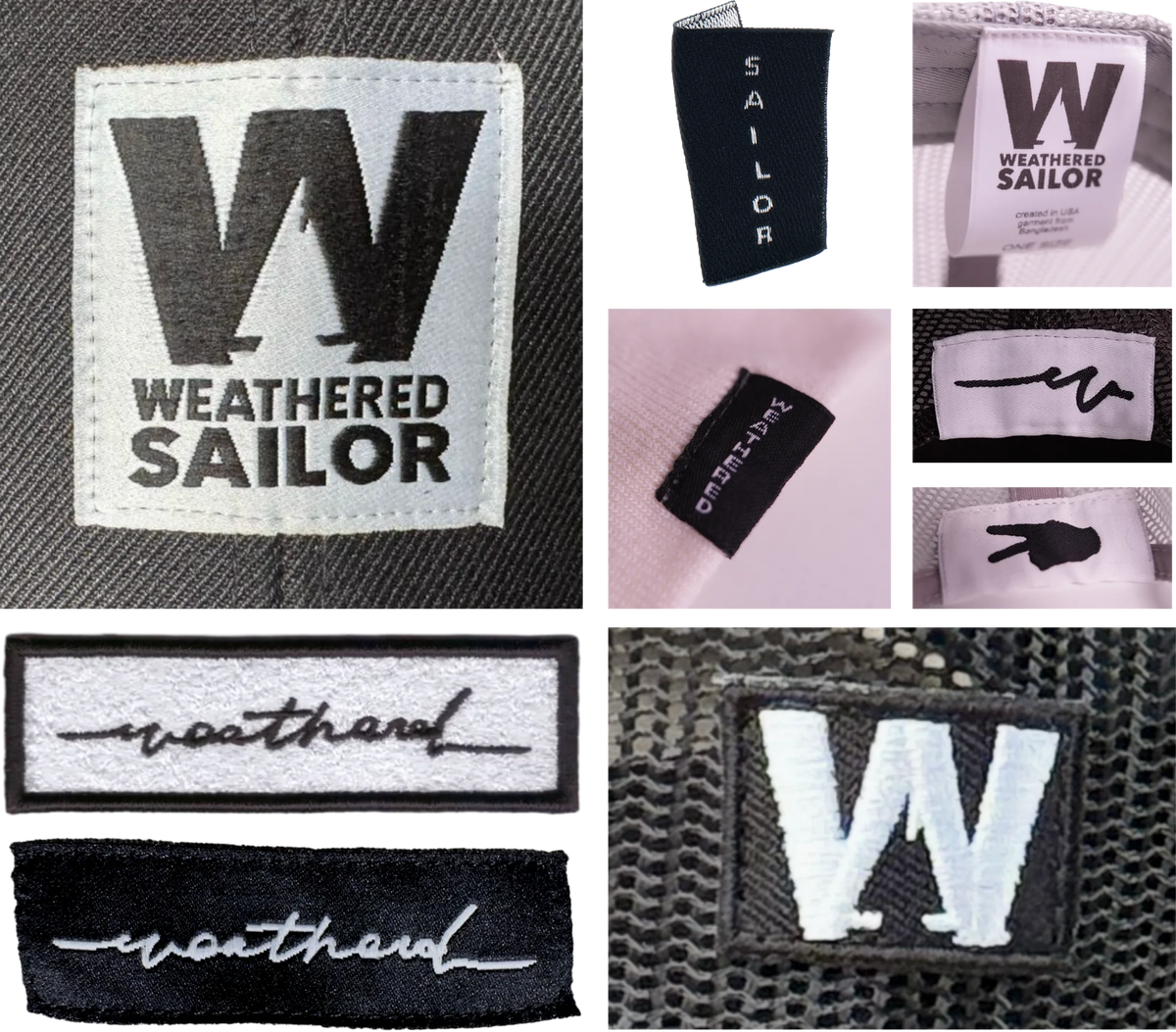 A collage of Weathered Sailor woven labels and embroidered patches — the Weathered Sailor care label, the vertical SAILOR label, the sketchy signature and pointing-hand marks, the two weathered script patches, and the embroidered W patch.