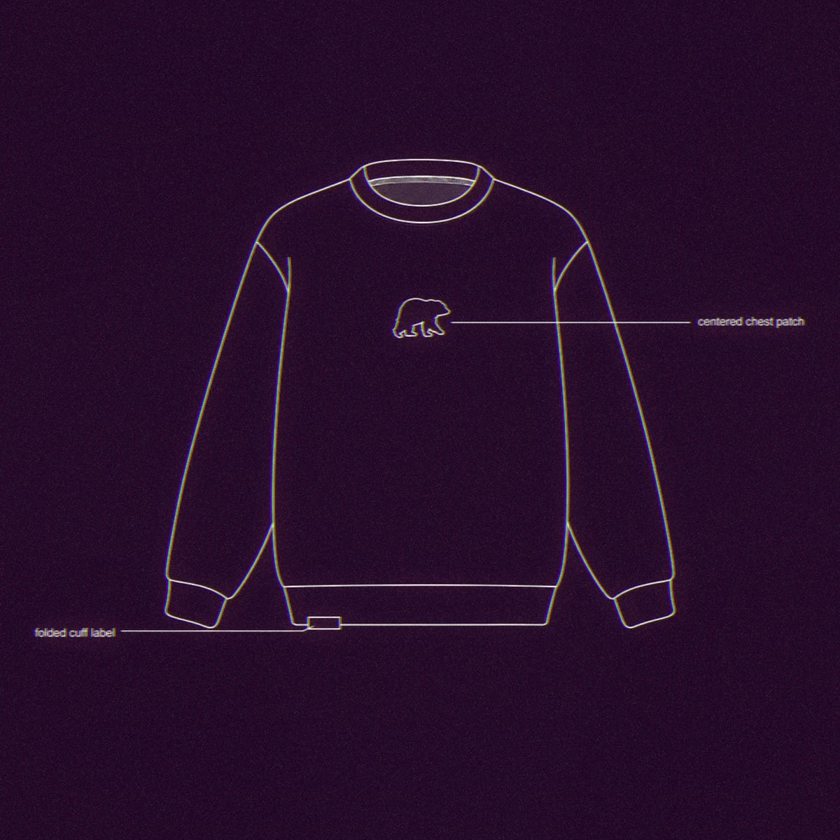 A technical blueprint of the bear crewneck laid out before it is built, its centered chest patch and folded cuff label called out.