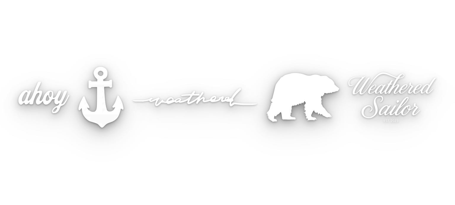 The five Weathered Sailor symbols — ahoy, the anchor, sketchy, the Bear, and script — in white, aligned in a row.