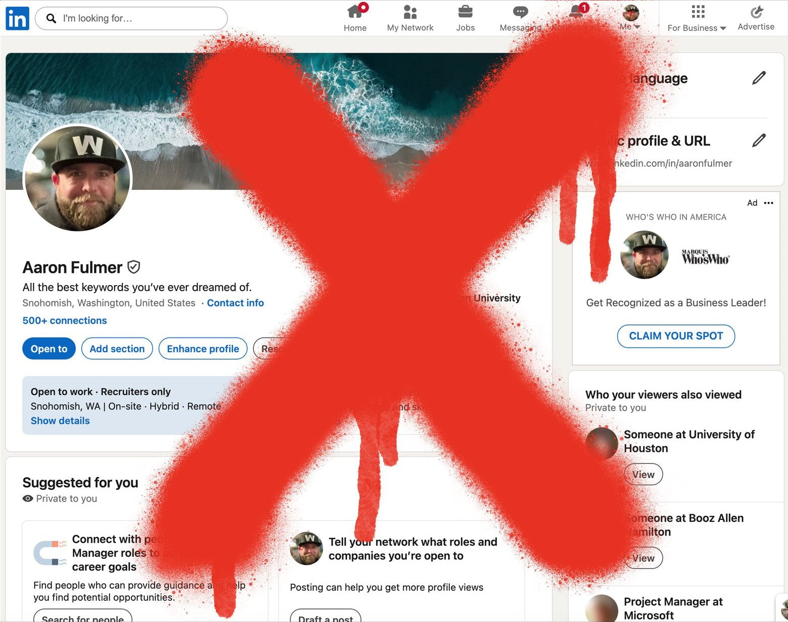 LinkedIn profile of Aaron Fulmer with a red spray-painted X over it