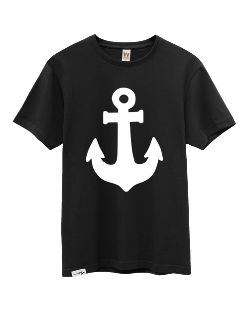 Front view of the black Anchor Tee with a large white anchor and small hem label.