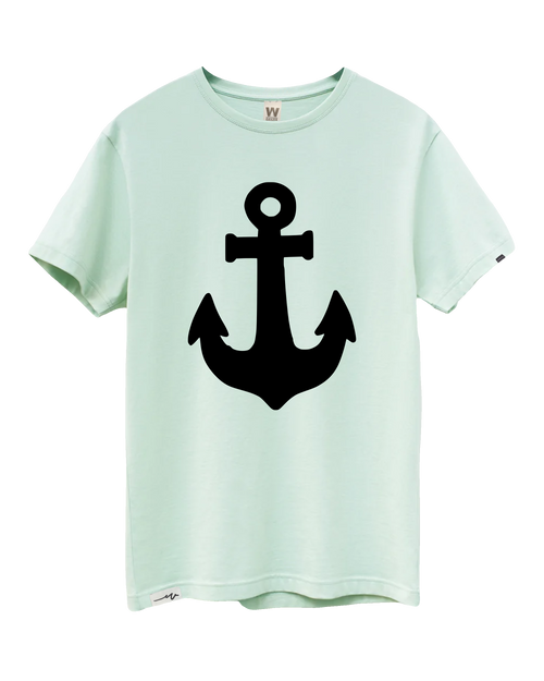 Front view of the Seafoam Anchor Tee with a large black anchor and small hem label.