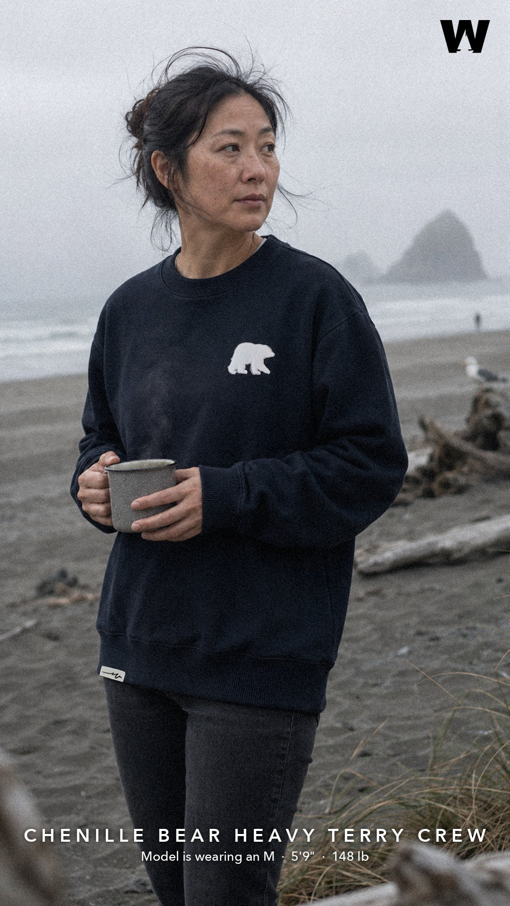 Weathered Sailor — Chenille Bear Heavy Terry Crew (Ink Blue), model wearing M