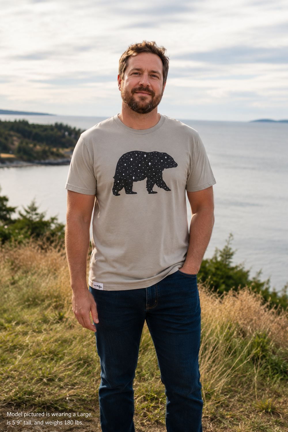 Starry Bear Tee on model — San Juan Island bluff