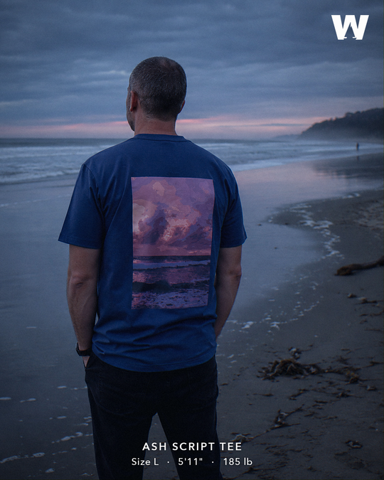 Ash Script Tee — worn back-print lifestyle