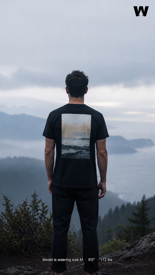 Awakening Script Tee — back print, model wearing size M