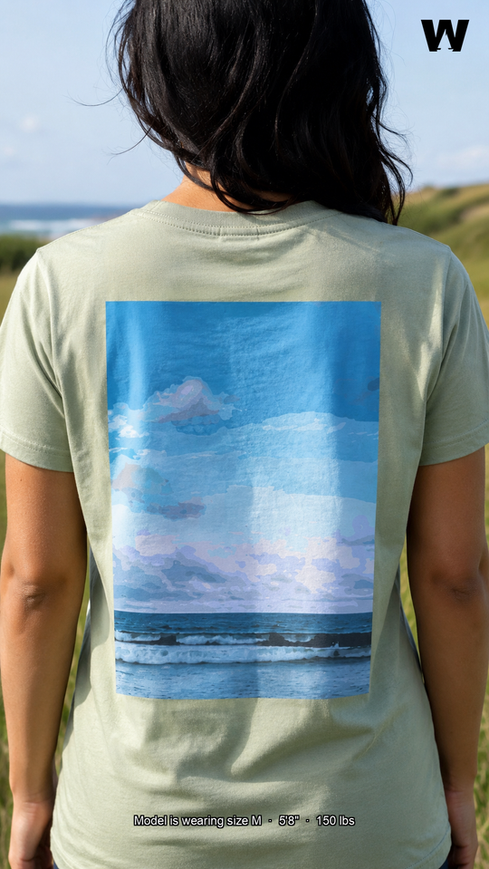 Becoming Script Tee — back print, model wearing size M