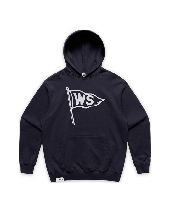 Burgee Heavy Terry Hood — Ink Blue, front (tight float)