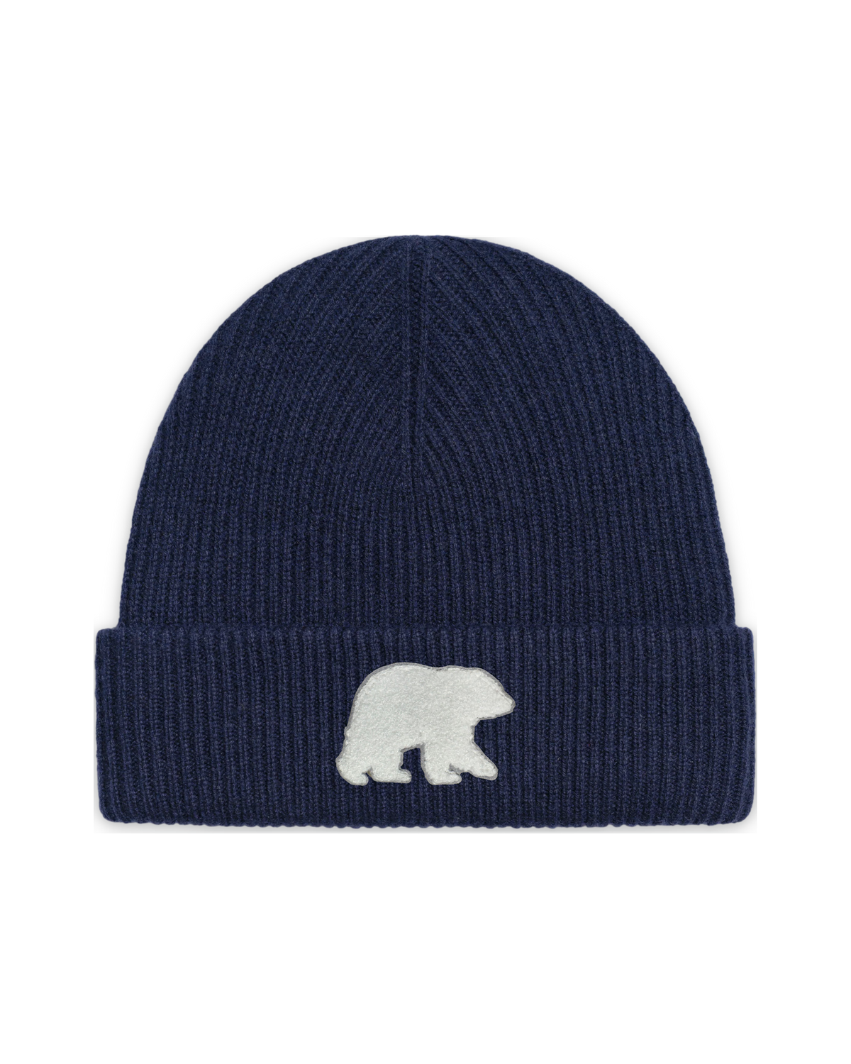 Navy ribbed beanie with a folded cuff and white Bear patch, front view.