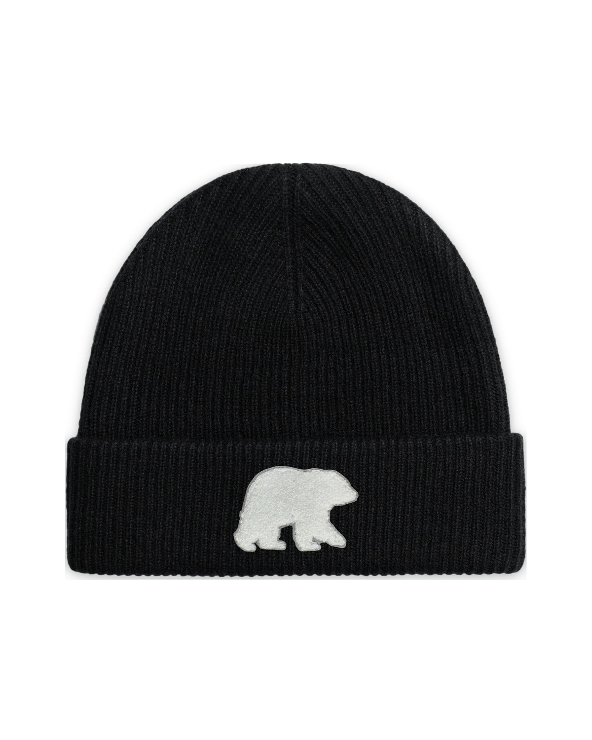 Black ribbed beanie with a folded cuff and white Bear patch, front view.
