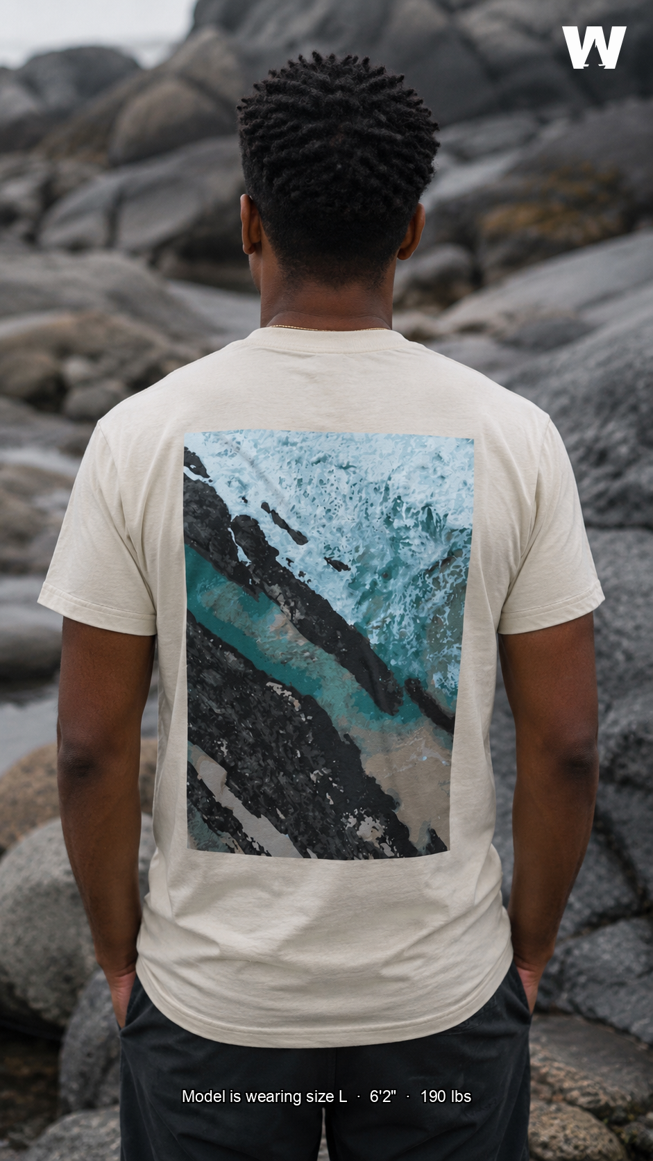 Convergence Script Tee — back print, model wearing size L