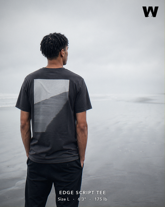 Edge Script Tee — worn back-print lifestyle