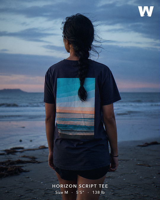 Horizon Script Tee — worn back-print lifestyle