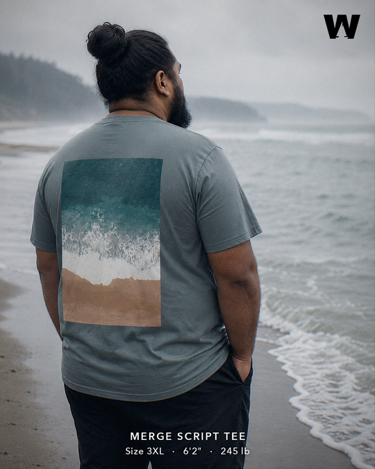 Merge Script Tee — worn back-print lifestyle
