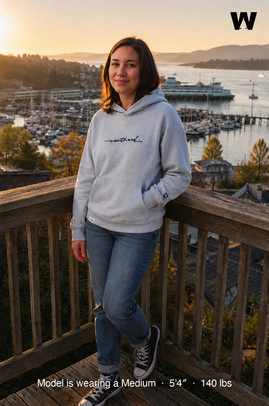 Model wearing the Mineral Sketchy Weathered Heavy Raglan French Terry Hoodie — Medium · 5'4" · 140 lbs