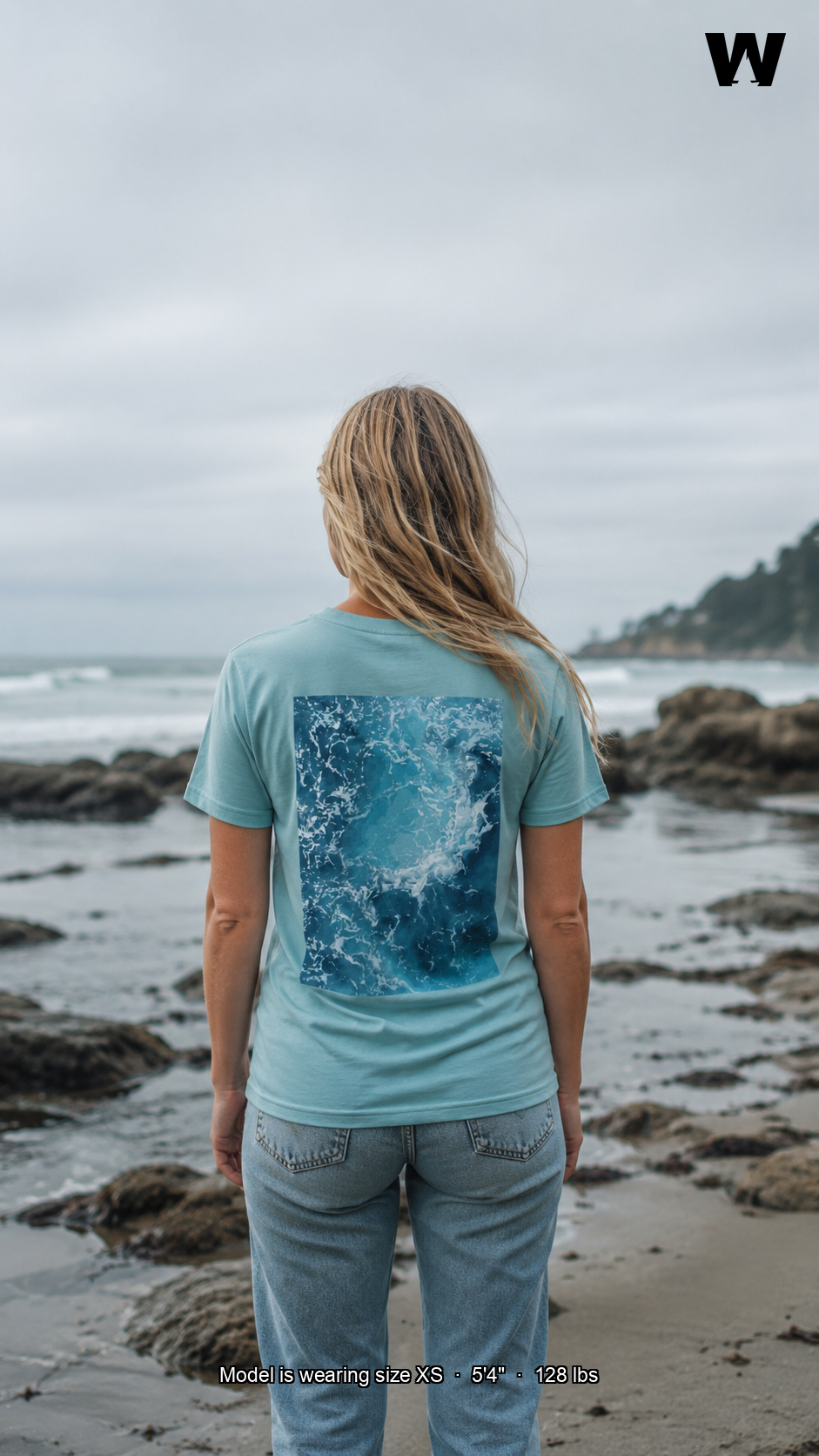 Pulse Script Tee — back print, model wearing size XS