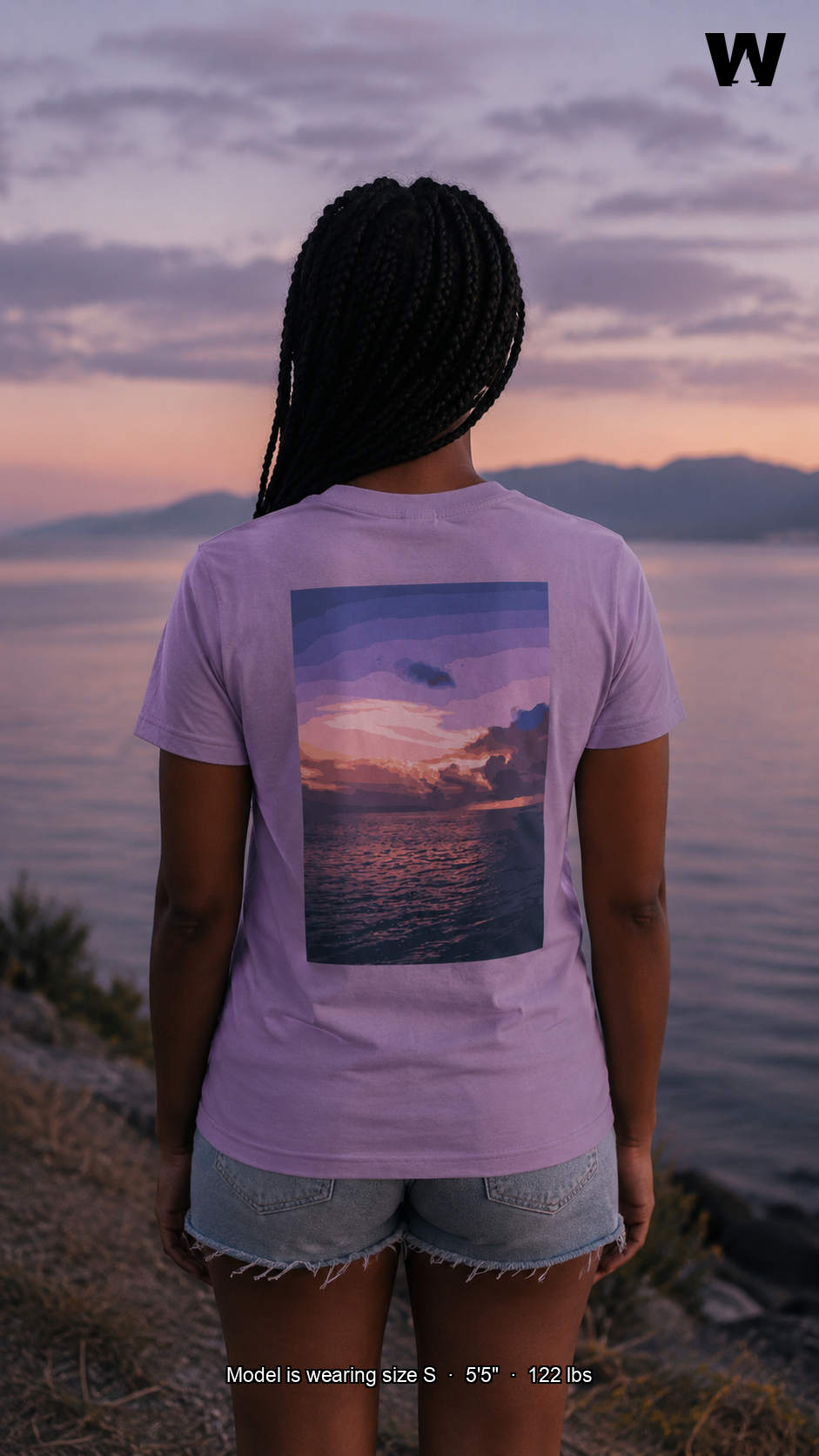 Tranquility Script Tee — back print, model wearing size S