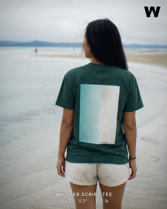 Whisper Script Tee — worn back-print lifestyle