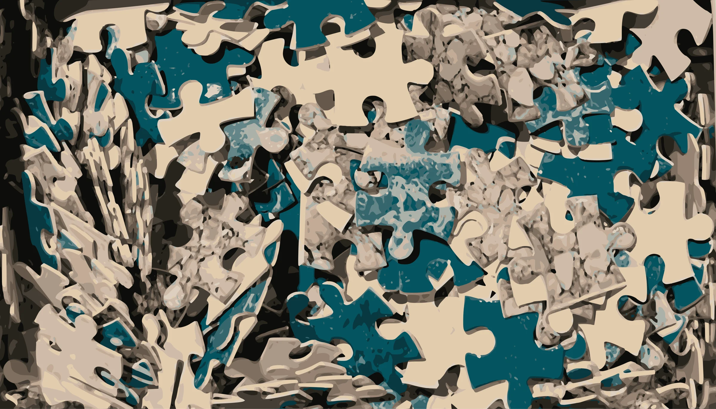 An abstract close-up illustration of interlocking teal, sand, and translucent jigsaw puzzle pieces.