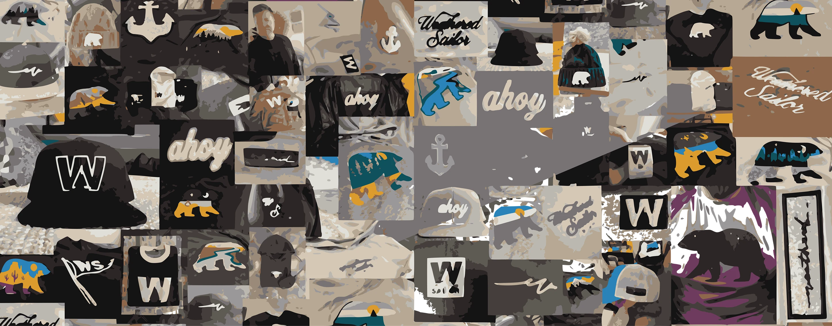 A collage of Weathered Sailor garments, embroidered symbols, patches, and headwear.