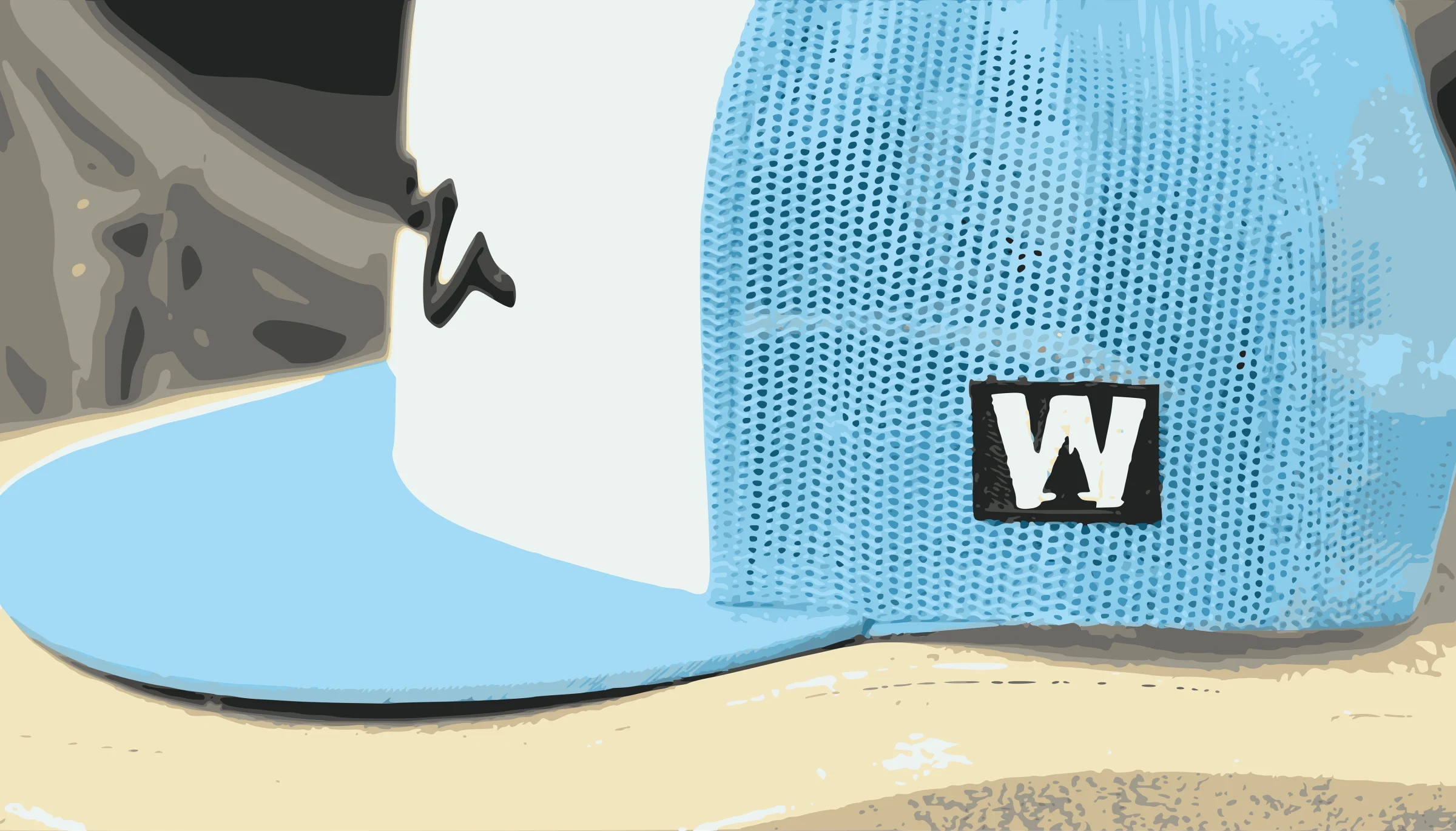 A close-up illustration of a blue-and-white mesh Weathered Sailor cap and woven W patch.