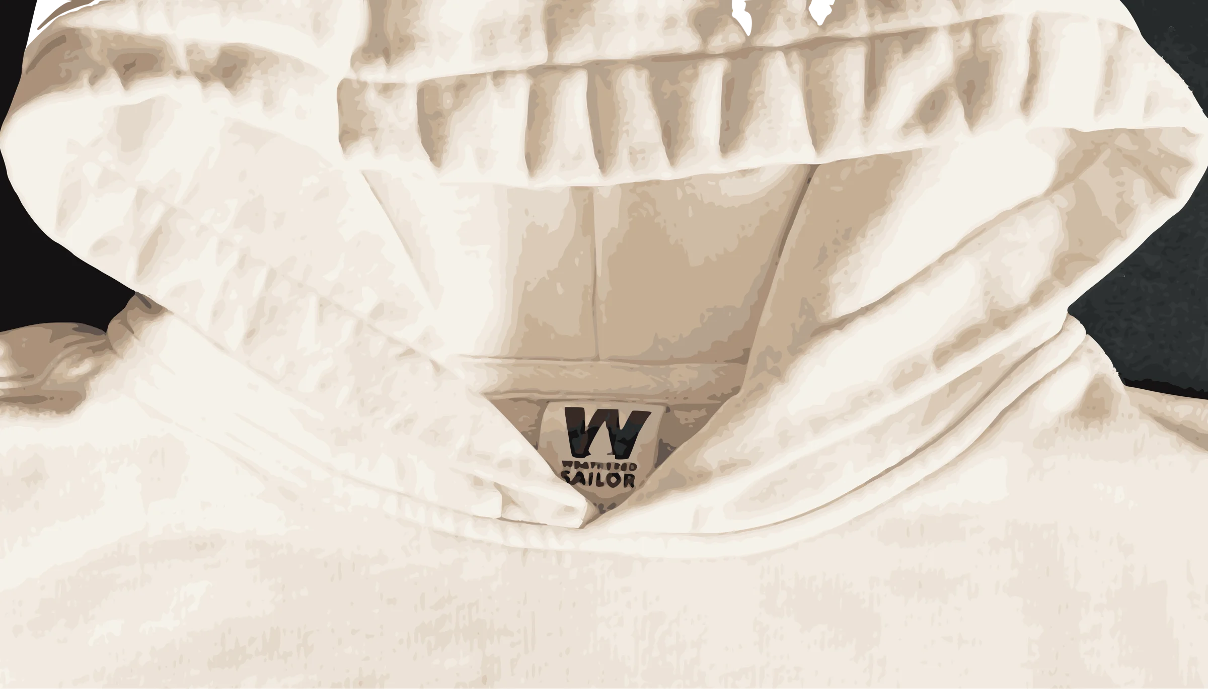 A close-up illustration of the inside of a cream Weathered Sailor hoodie and its woven neck label.
