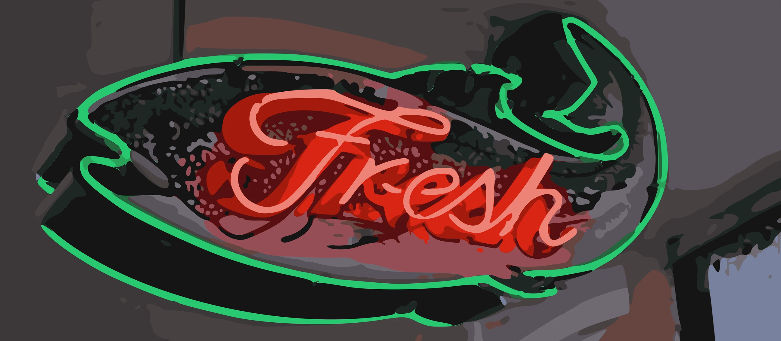 A neon Fresh sign glowing red and green through a dark storefront window.