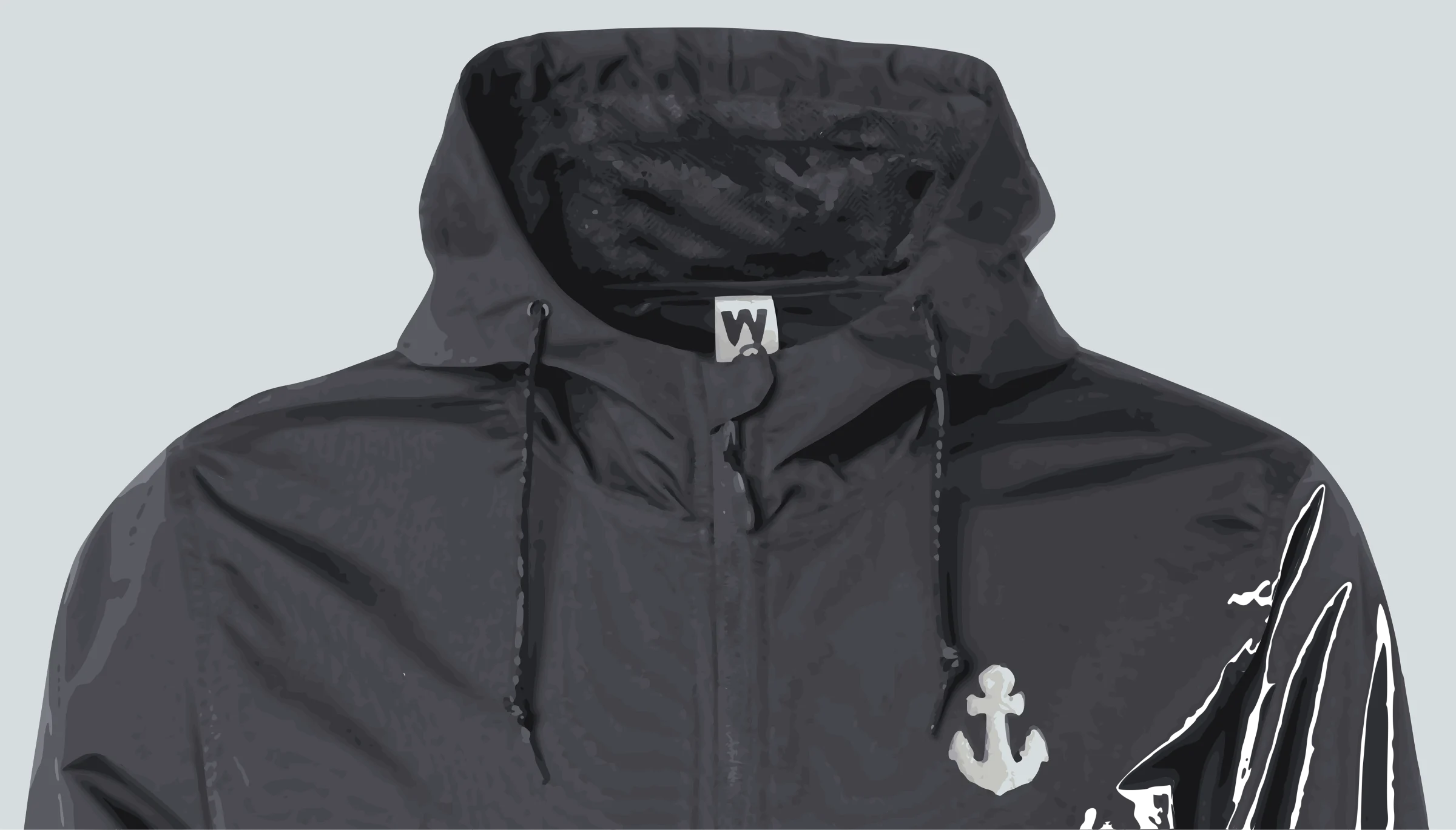 A close-up illustration of a dark Weathered Sailor jacket with a raised hood, woven W label, and embroidered anchor.