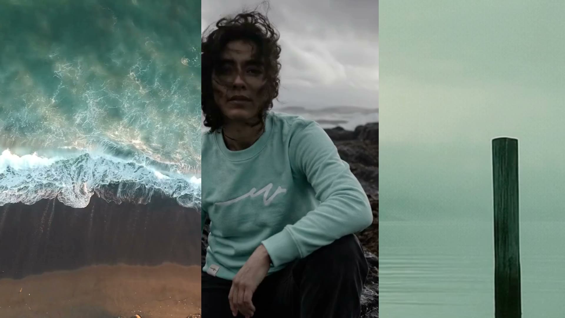Sketchy collection — a coastal film: open surf, the founder on the rocks, still harbor water.