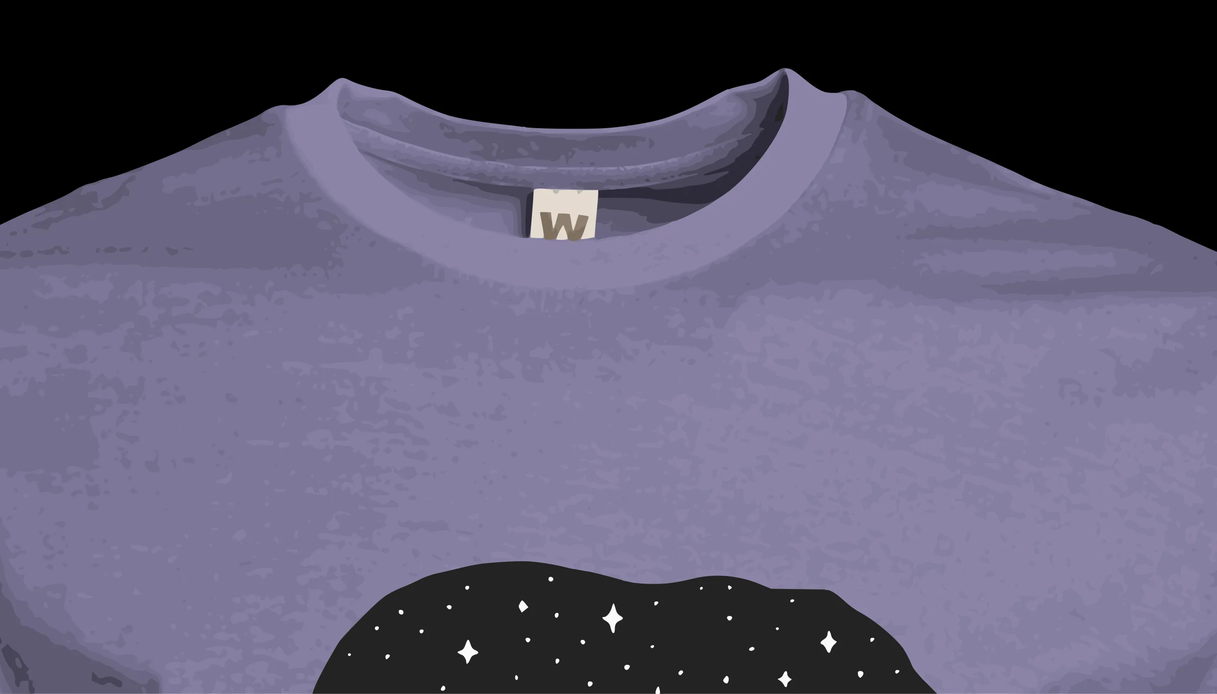 A close-up illustration of a lavender Weathered Sailor tee with its woven neck label.