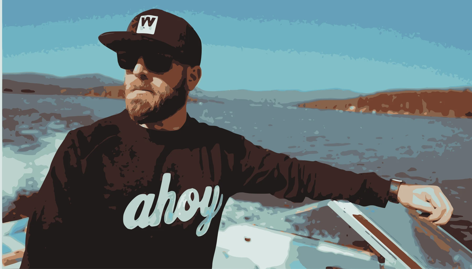 Oil-painting-style illustration of Weathered Sailor founder Aaron Fulmer on a boat.