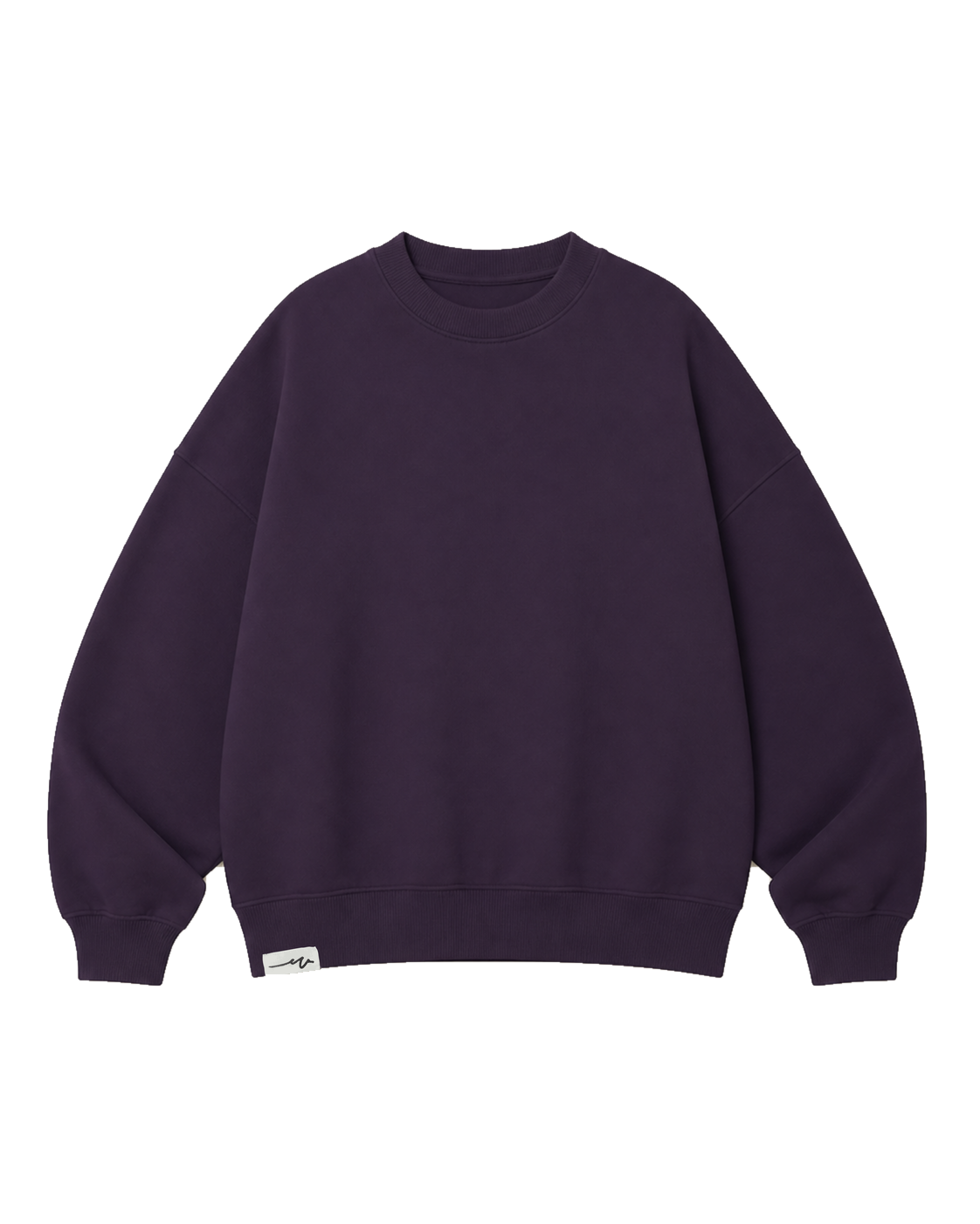 Blank oversized crewneck in aubergine with the folded Sketchy W label at the wearer-right waist.