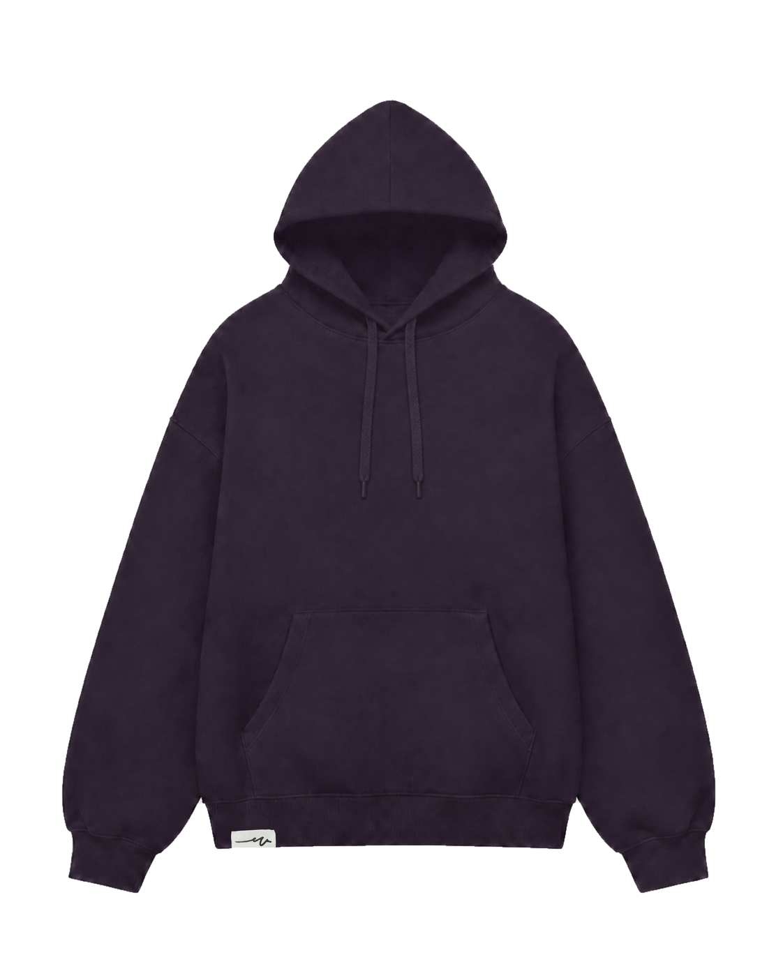 Blank oversized hoodie in aubergine with the folded Sketchy W label at the wearer-right waist.