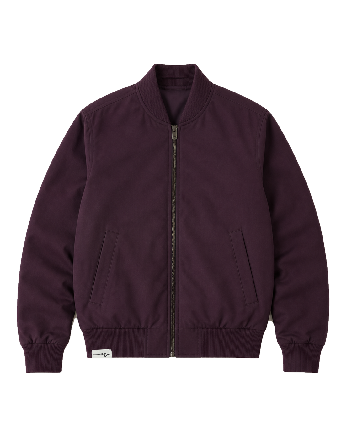 Blank bomber jacket in aubergine with the folded Sketchy W label at the wearer-right waist.