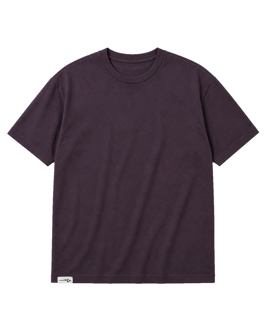 Blank oversized tee in aubergine with the folded Sketchy W label at the wearer-right waist.