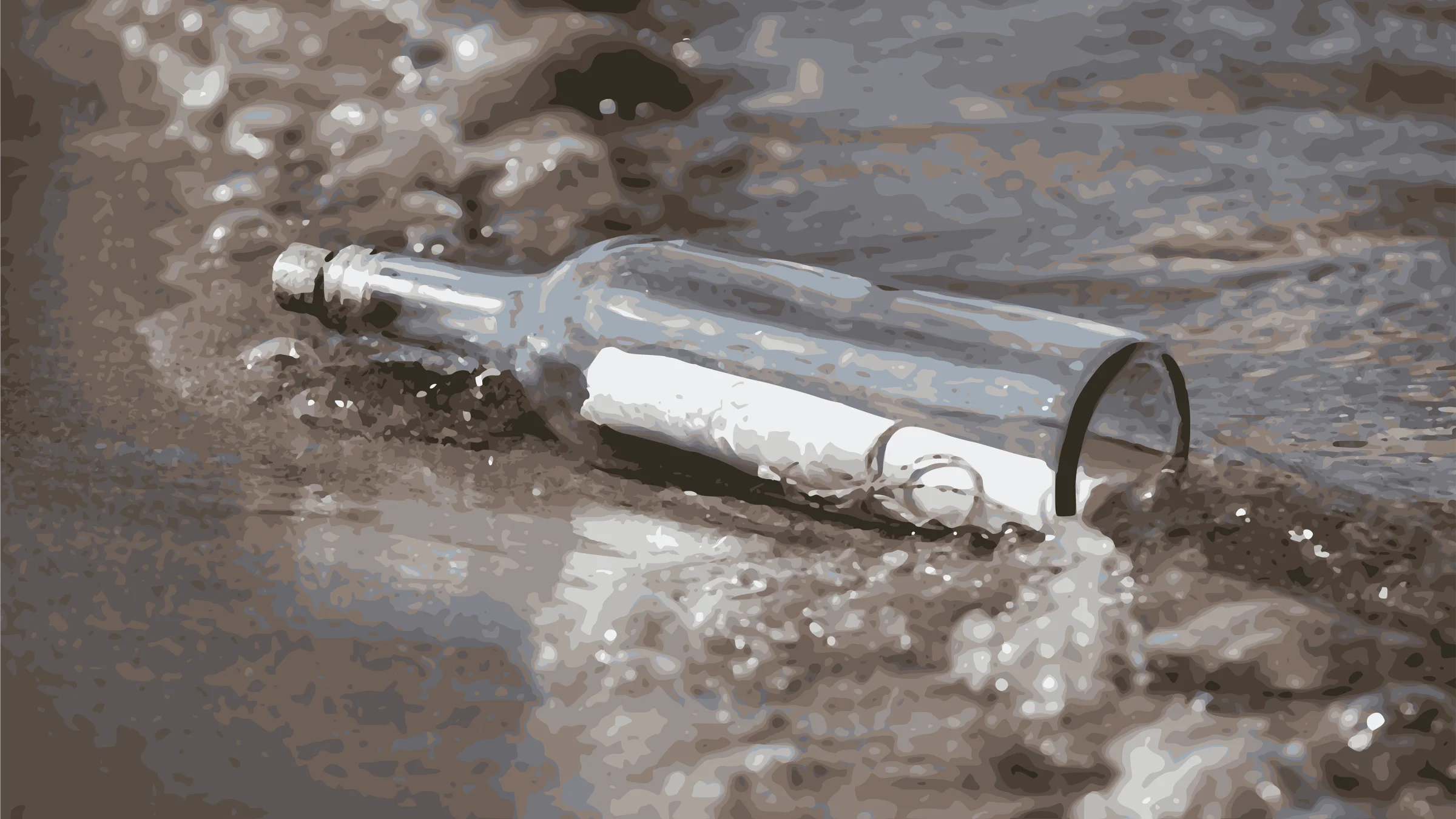A message in a glass bottle resting at the edge of the water.